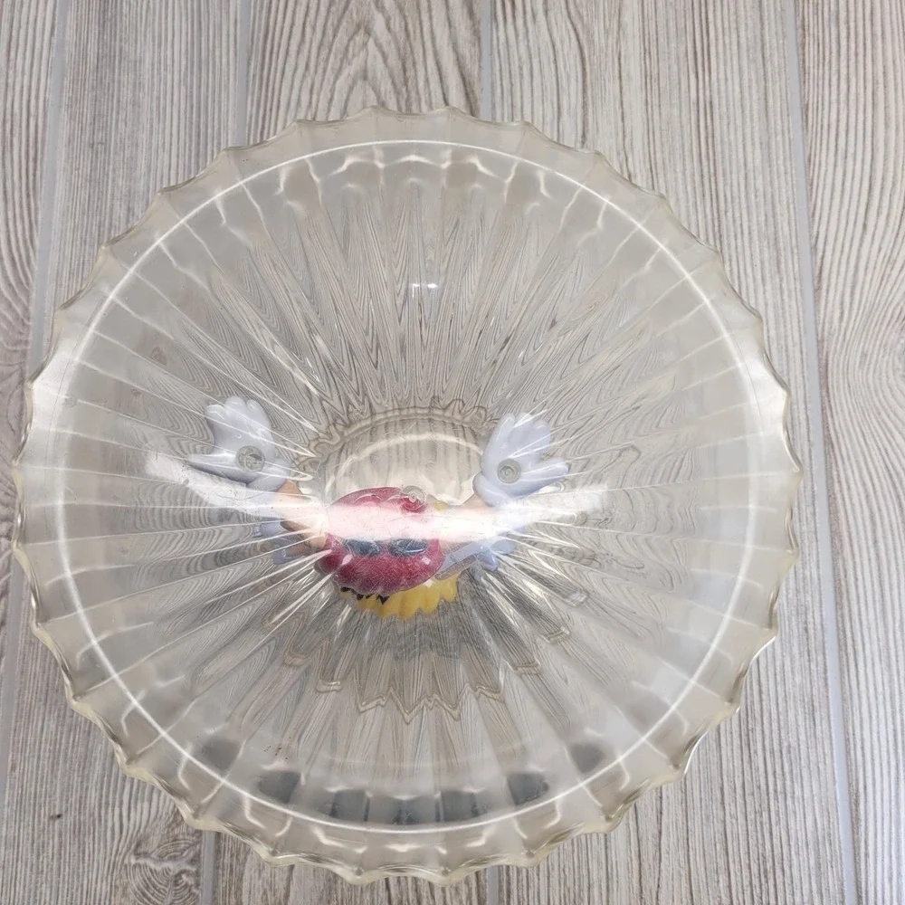 M&Ms Candy Bowl Red Yellow Character Acrobat Pedestal Dish Clear Plastic 7in Vtg